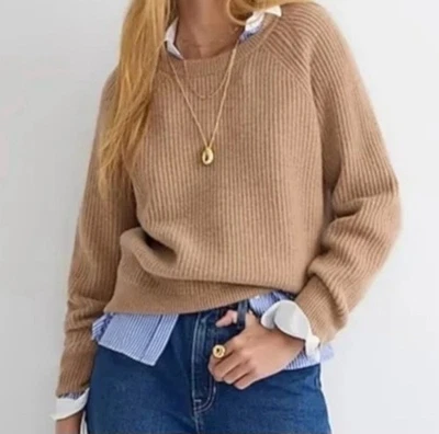 J. Suéter Crew Para Mujer Talla Pequeña Acanalado Cachemira Cuello Redondo Tostado Camel Foto 1 de 4