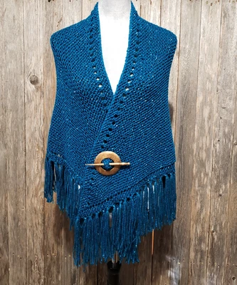 NEW Teal Blue Metallic Hand Knitted Shawl Wrap Scarf Boho Hippie Coverup Fringe - Image 1 of 4