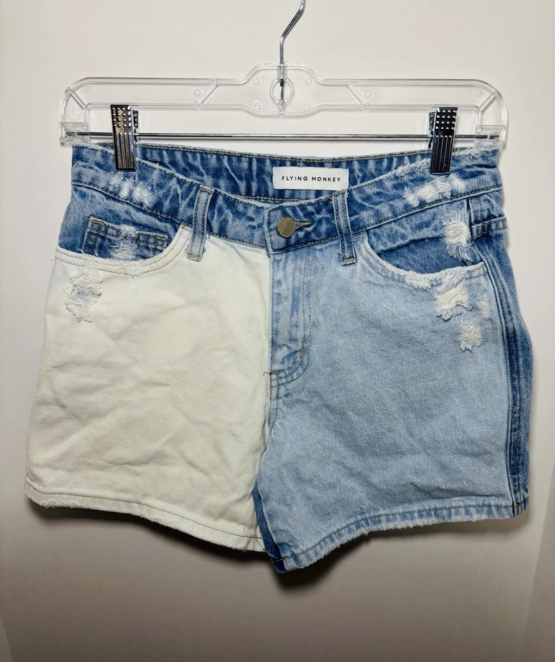 Pantalones cortos de mezclilla Flying Monkey para mujer talla 25 dos tonos bloques de color desgastados Foto 1 de 4