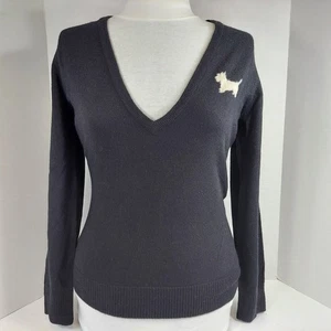 J. Crew Black Lambswool V-Neck Pullover Sweater Scottie Dog Women's Size Medium - Bild 1 von 6