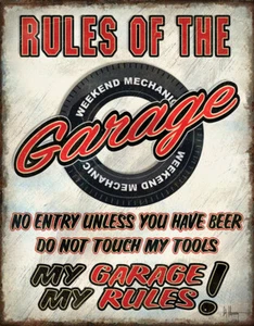 Tin Signs Rules Of The Garage Design Red/White Metal Sign Wall Decor 2410 - Picture 1 of 1