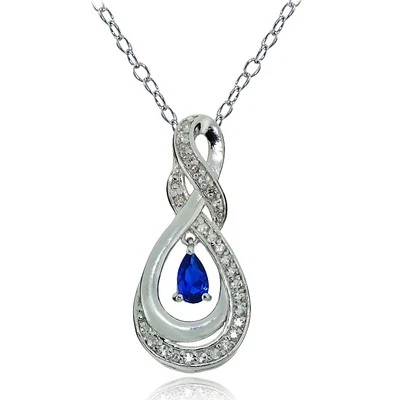 925 Silver Created Blue Sapphire & White Topaz Infinity Twist Teardrop Necklace - Image 1 of 3