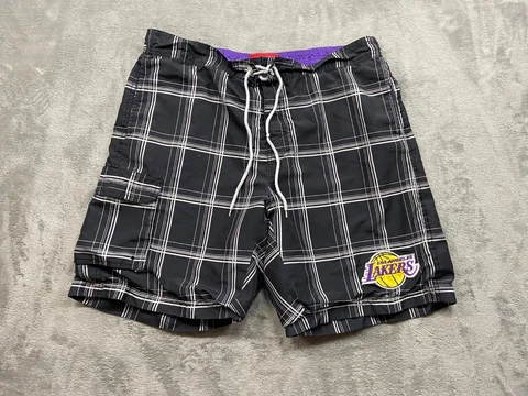 Los Angeles Lakers Shorts Men's Extra Large Black Plaid Swimming Trunks Vintage Cover