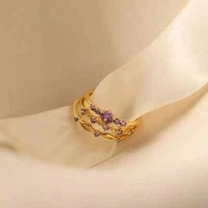 14K Yellow Gold Plated 2Ct Round Cut Lab Created Amethyst Wedding Trio Ring Set - Picture 1 of 7