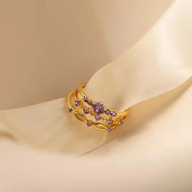 14K Yellow Gold Plated 2Ct Round Cut Lab Created Amethyst Wedding Trio Ring Set - Image 1 of 4