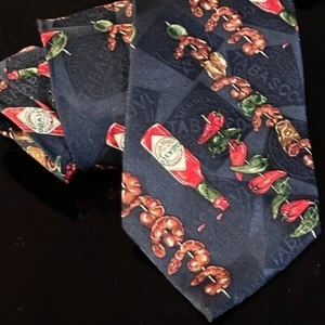 Tabasco Tie Kitsch Silk Mens Neckwear Y2k Chili Peppers Blue Red Hot Sauce - Picture 1 of 3