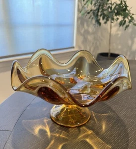 MCM Amber Viking Petal Pedestal Compote Centerpiece. 6 Petal. 5.75” H - Picture 1 of 10