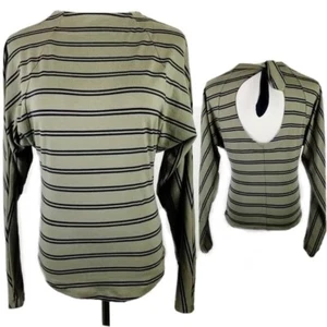 Free People Striped Cutout Back Blouse Women's XS Olive Green Mock Neck - Picture 1 of 7