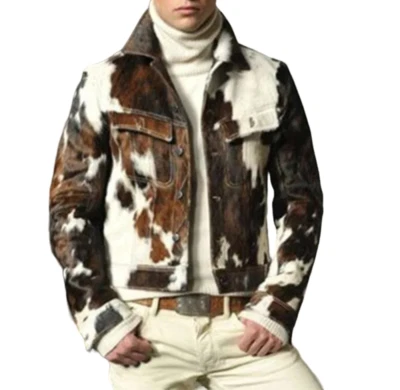 New Men's Genuine Cowhide Leather Jacket Natural Hair-On Cow Skin Fashion Jacket - Image 1 of 4