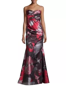 Nuevo con etiquetas David Meister talla 6 al por menor @ $895.00 Vestido floral sin tirantes rojo y negro - Imagen 1 de 12