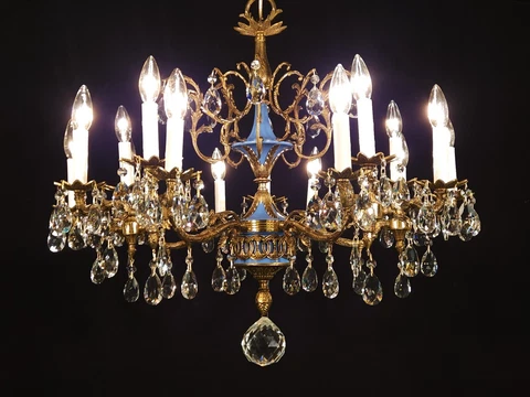 Vintage MASSIVE French 5 Arm 15 Lite Brass IMPERIAL BLUE Empire Chandelier Cover