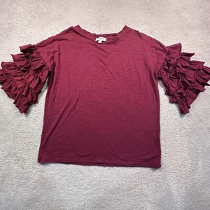 Umgee Ruffle Sleeve T-Shirt Top Women Small Burgundy Lagenlook Boho 100% Cotton - Picture 1 of 8