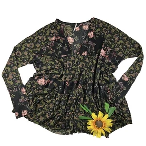 Free People Size Small babydoll Top Black Floral Swing Tunic Blouse Mesh - Picture 1 of 12