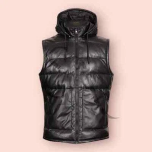Men's Black Puffer Jacket Genuine Soft Lambskin Leather Sleeveless Jacket - Picture 1 of 4