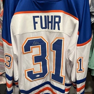 Autographed/Signed GRANT FUHR Edmonton White Hockey Jersey Beckett Witnessed - Picture 1 of 6