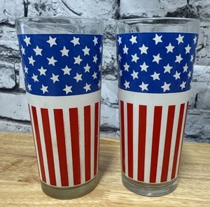 2 Vtg Drinking Glasses American Flag Red White Blue Stars Stripes 6.5” July 4th - Picture 1 of 3