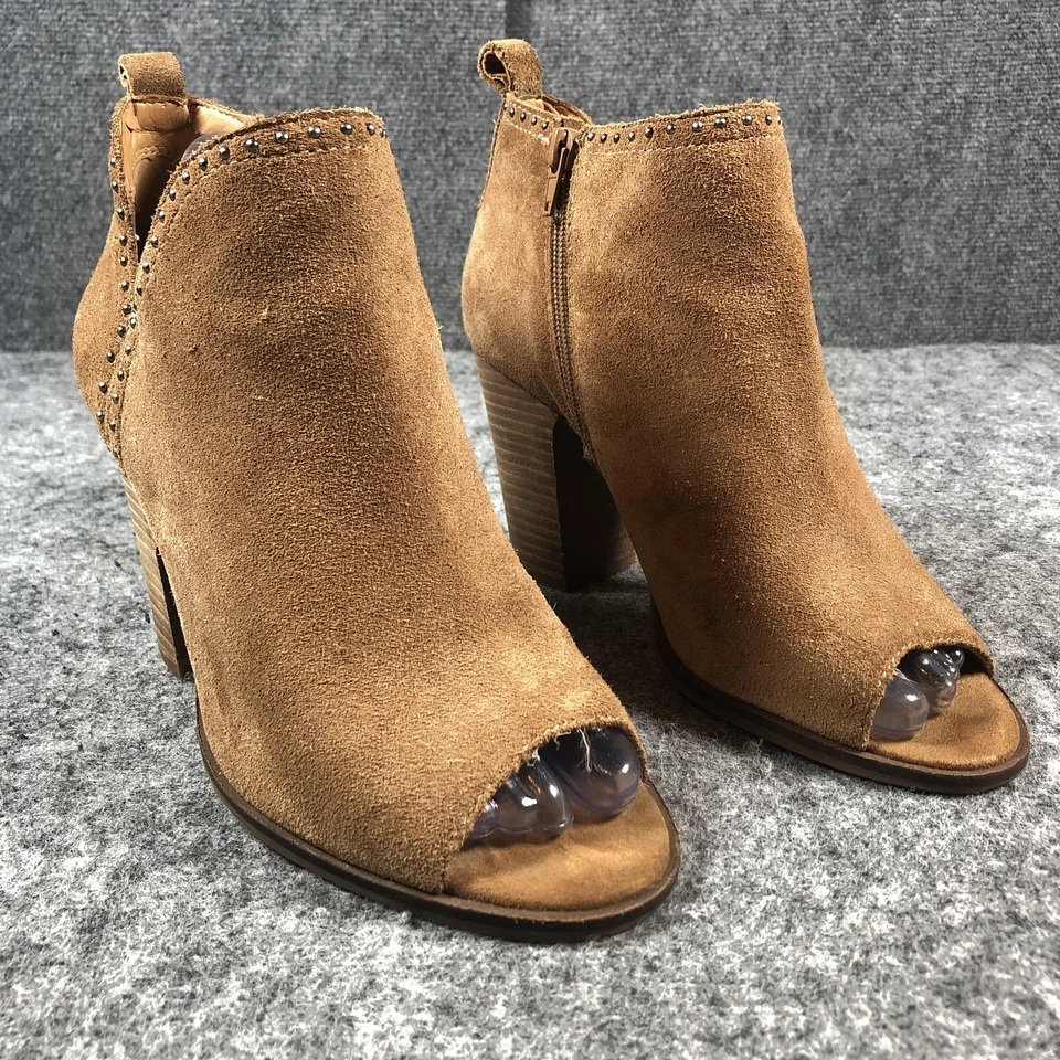 Botas Lucky Brand para mujer talla 9 gamuza tostada punta abierta tobillo bloque tacón con tachuelas cremallera Foto 1 de 4