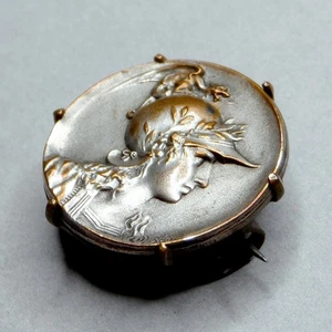 Helmeted Woman. Dragon, Helmet. Antique Large Brooch. Art Nouveau Medal by Leleu - Picture 1 of 7