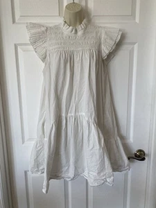 Love The Label Poppy Dress In White Cotton Poplin Smocking Flutter Sleeves Sz L - Picture 1 of 11