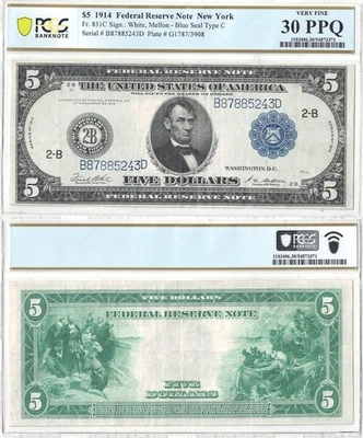 1914 $5 Federal Reserve Note Fr-851c PCGS VF-30 PPQ - Image 1 of 3