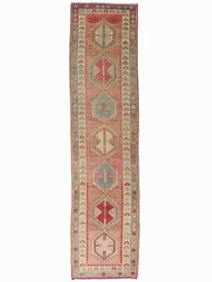 Turkish Oushak Runner – Vintage Wool Handmade Long – 2.11x11.9 ft Hallway Rug - Image 1 of 4