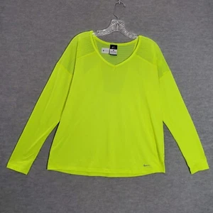 Nike Women Activewear Top Medium Neon Yellow Epic Mesh V Neck Dri Fit Logo READ - Picture 1 of 10