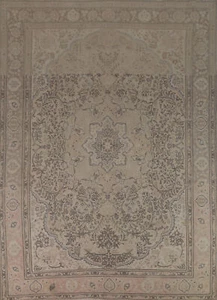 Floral Wool Tebriz Muted Beige Vintage Hand-made Room Size Area Rug 10x12 Carpet - Picture 1 of 24
