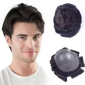 Mens Toupee Hair System Polyurethane Base 8X10 120% Medium Density #1B JET BLACK - Picture 1 of 6