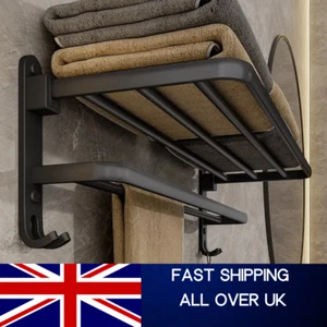 Matte Black 50CM Folding Holder With Hook Towel Holder Wall Mount AluminumTowel - Picture 1 of 7