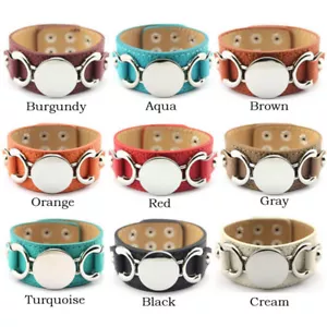 Silver Tone Fashion Women Leather Blank Disc Monogram Personalize Bracelet New - Bild 1 von 25