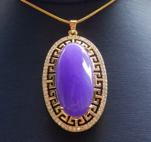 Yellow Gold Plated Purple Jade Cabochon Imitation Diamond Pendant Chain Necklace - Picture 1 of 5