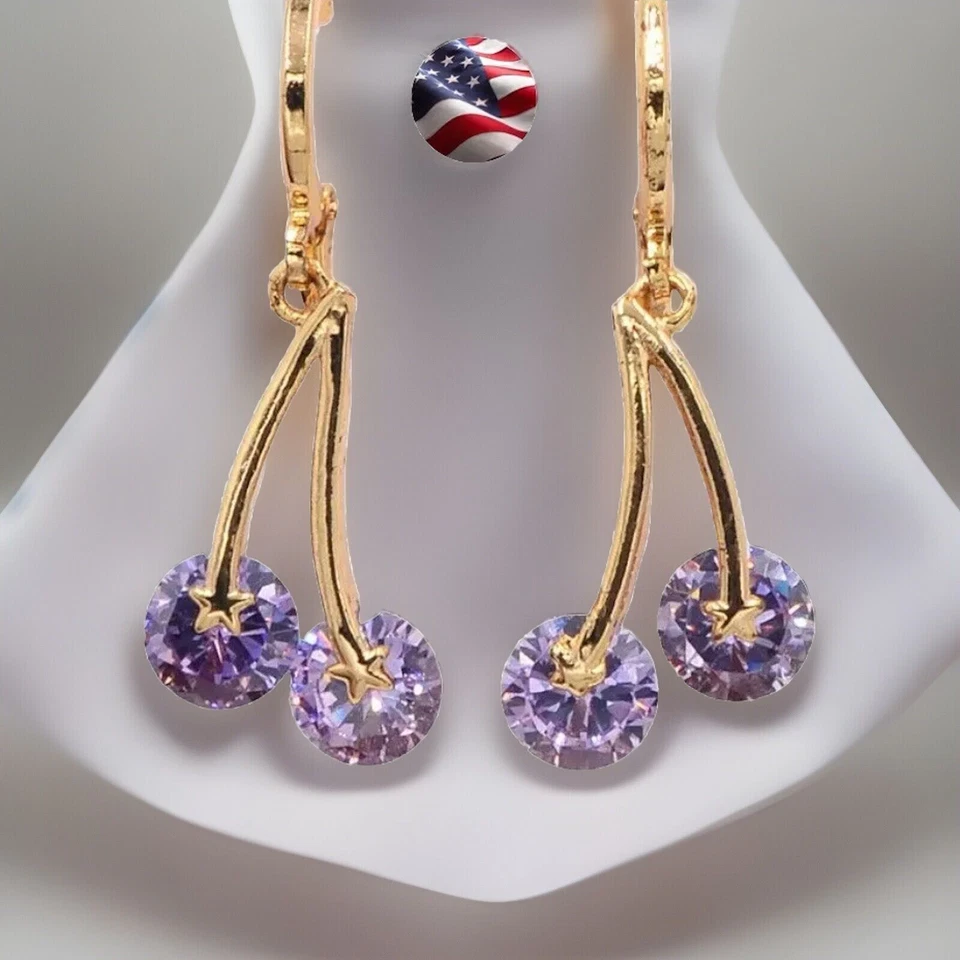 Минималистские серьги из золота 14 карат с лавандовым топазом и вишней ПРОДАВЕЦ ИЗ США - Изображение 1 из 4