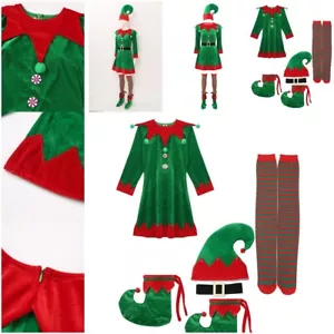 Womens 5-Piece Suit Dress Velvet Elf Costumes Pompom Costume Striped Stockings - Picture 1 of 26