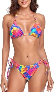 RELLECIGA Floral Brazilian Bikini Swimsuit String Triangle Top Size Large (B33) - Picture 1 of 3