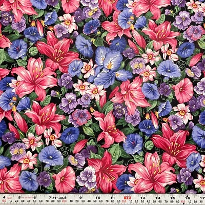 Vintage Joan Messmore Cranston Florals on Black Cotton Fabric by the HALF YARD - Image 1 of 2