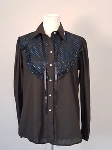 Vtg NOS Rockmount Ranch Wear Snap Western Cowgirl Shirt Top Black/Blue Bling 38 - Picture 1 of 11