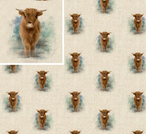 Cotton Rich Linen Look Fabric Standing Highland Cow Or Panel Upholstery - Picture 1 of 6