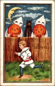 POSTAL DE HALLOWEEN 1912 CHICA ASUSTADA CORRE FANTASMAS JOL'S GATO NEGRO CARA DE LUNA - Imagen 1 de 2