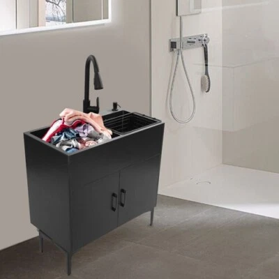 Armário de pia utilitário de aço inoxidável com pia com torneira flexível pia de lavanderia - Imagem 1 de 4