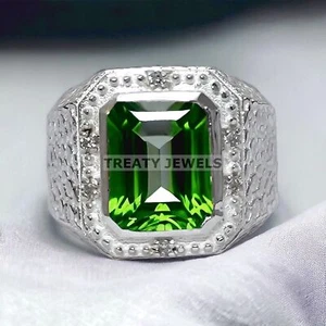 Peridot Emerald Cut Gemstone With 925 Sterling Silver Ring For Men's #901 - Picture 1 of 6