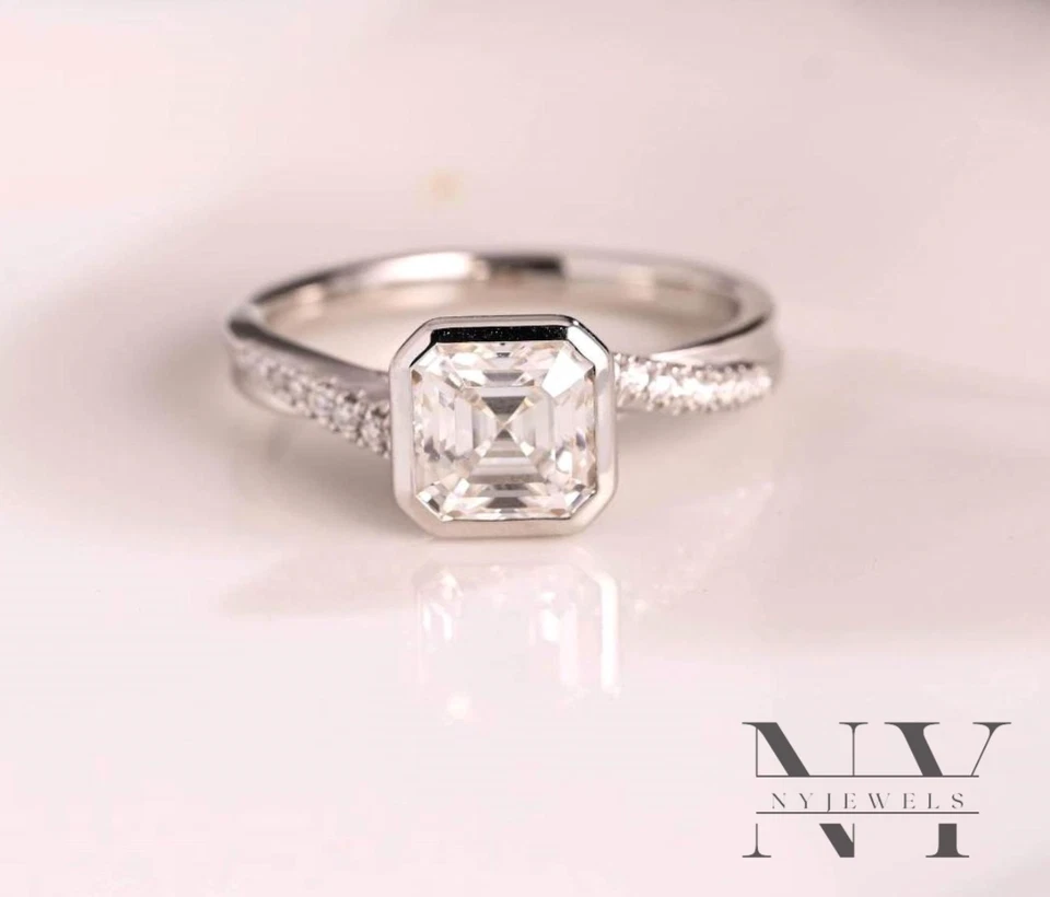 2 CT Asscher Cut VVS1 Moissanite Bezel Set Engagement Ring Solid 14K White Gold - Image 1 of 4
