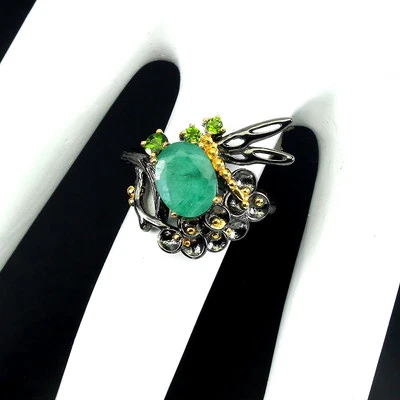 Anillo de plata de ley 925 ovalado esmeralda 9x7 mm cromo diopsido piedras preciosas joyería 7 Foto 1 de 4