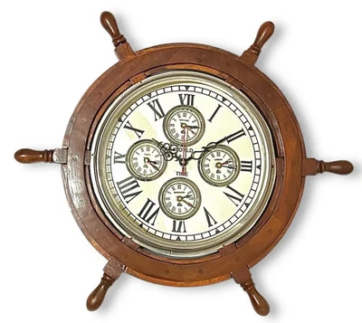 World time wall clock /Wheel wooden world time piece /Multi-time zone clock/Ship - Image 1 of 4