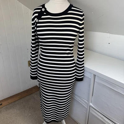 Altuzarra Dress Size M Black & White Button Detail Stripe Ribbed Knit Midi Arzel - Image 1 of 4
