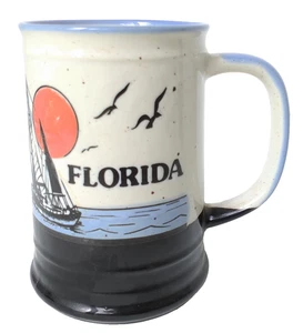 Herzfeld's Florida Mug Cup Tall Textured Japan Blue White Black Boat Yacht Birds - Foto 1 di 5