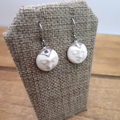 Carved Moon Face Sterling Silver Dangle Earrings 1.25" - Image 1 of 4