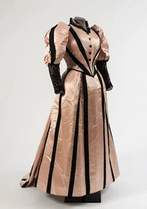 1893s Pink And Black Strips Victorian Ball Gown Women Vintage Victorian Dress - Picture 1 of 7