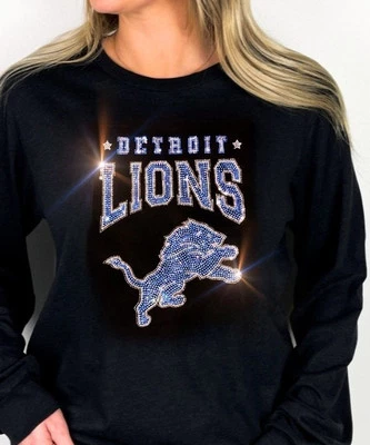 IRON ON TRANSFER Detroit Lions Crystal Rhinestones 8x11 inches For Tshirt - Image 1 of 2