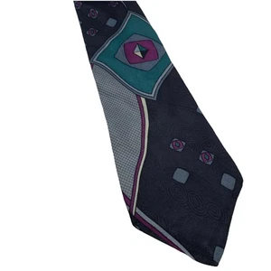 VTG 90s Bugatti Italian Silk Tie Black Teal Purple Geometric Colorful 59”x 4” - Picture 1 of 8