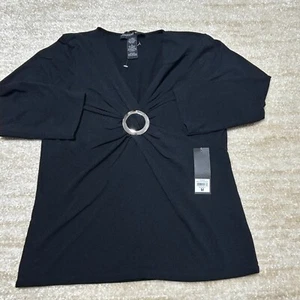 Josephine Chaus Womens Blouse Black M Cotton Blend 3/4 Sleeve Ring Accent Top - Picture 1 of 8